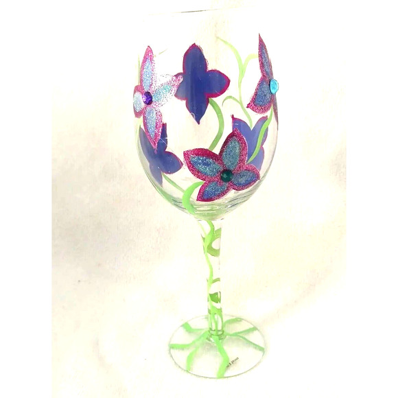 2 Saints HAND PAINTED 9" WINE GLASS Sparkle Violets Flowers w Bling Diamonds - Picture 4 of 16